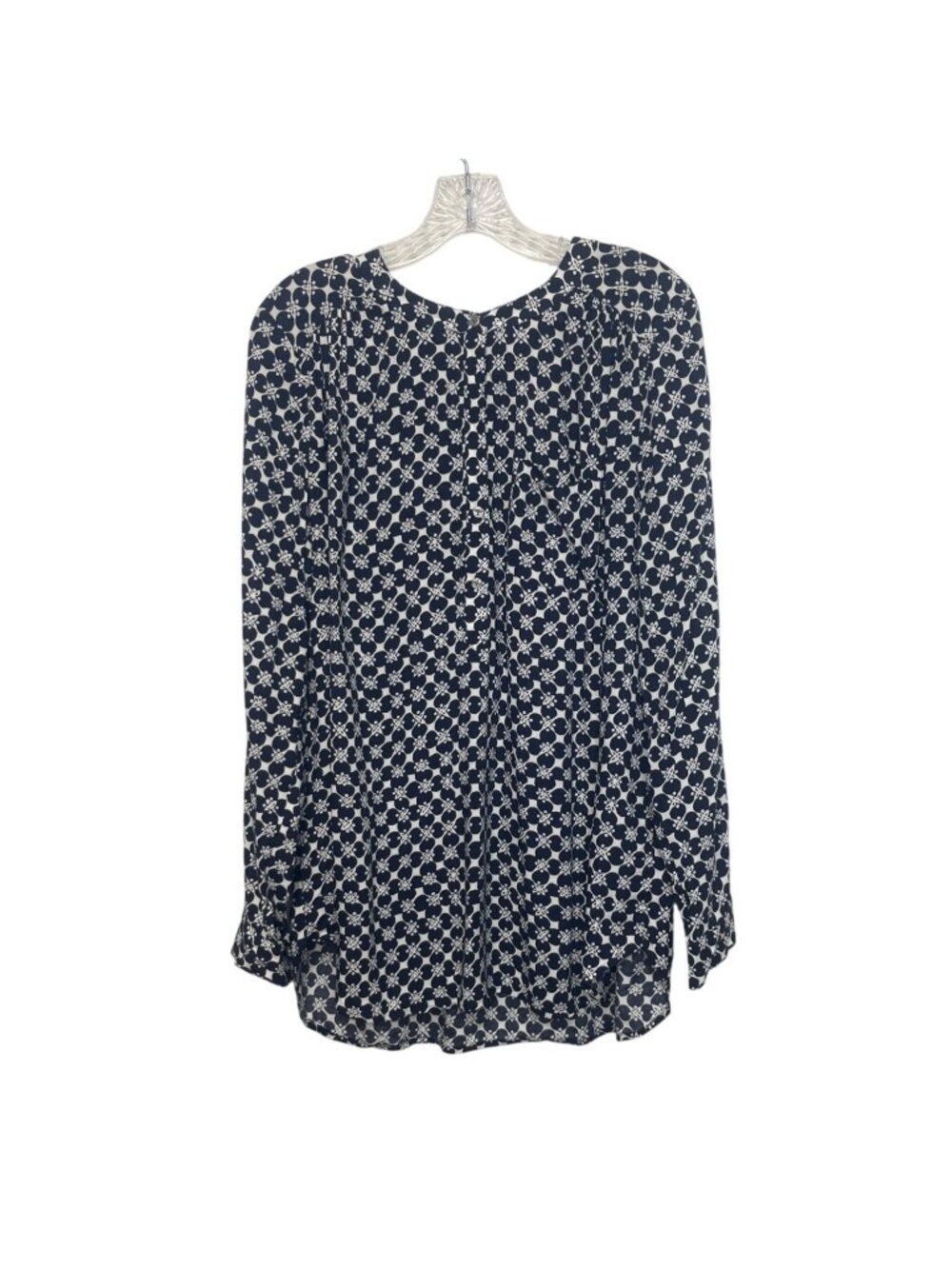 Loft Floral Geometric Long Sleeve Blouse Large Blue White